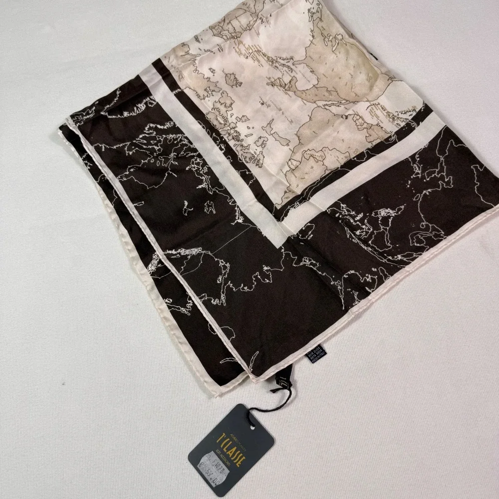 Alviero Martini 1A Classe Scarf OS Brown Geo Map Print 100% Silk Made in Italy